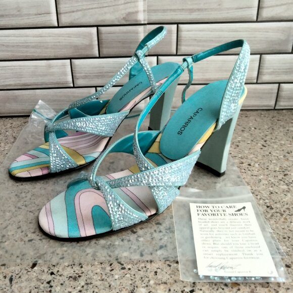 Aqua Sequined Strappy Open Toe Evening Heels - Picture 1 of 13